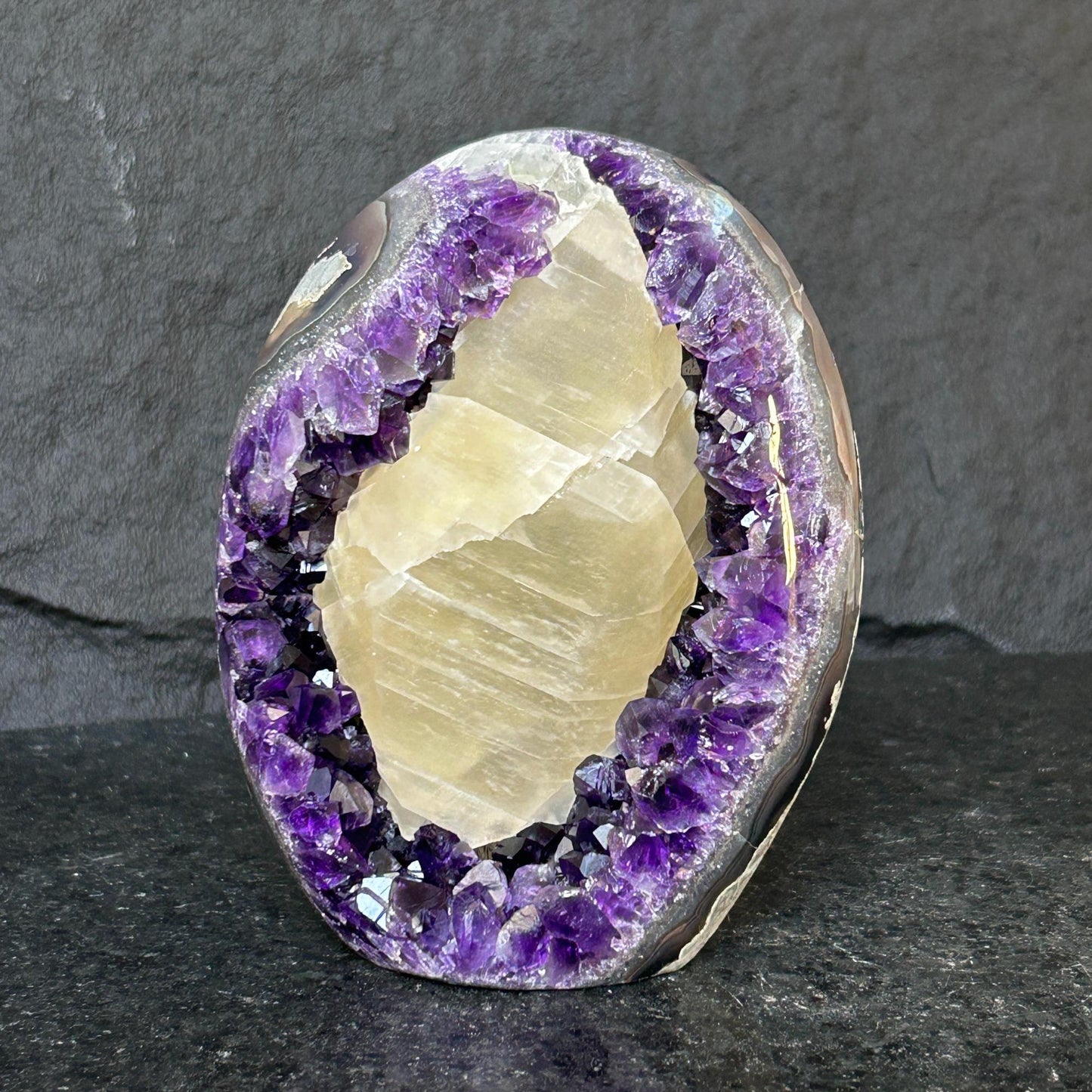 Rare Find Crystal Formations, Amethyst Geode with calcite and agate, piece for collectors