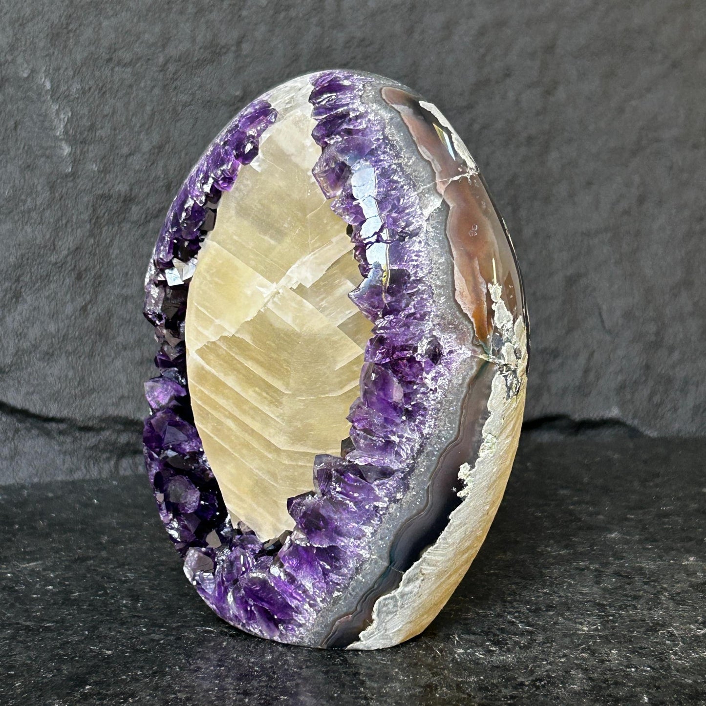 Rare Find Crystal Formations, Amethyst Geode with calcite and agate, piece for collectors