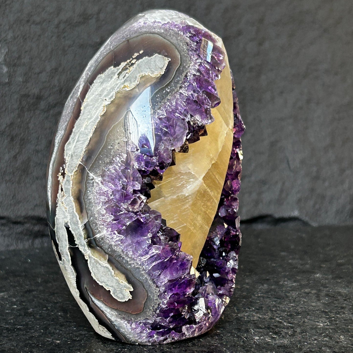 Rare Find Crystal Formations, Amethyst Geode with calcite and agate, piece for collectors