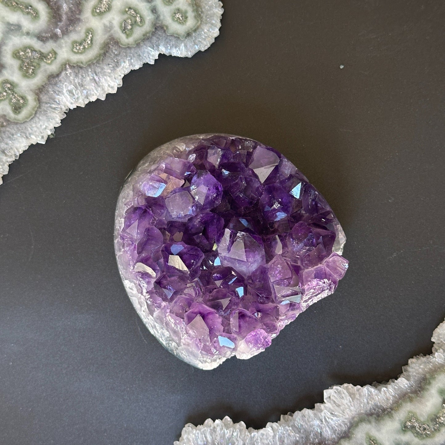 Raw flat Amethyst cluster for home decor, palm stone crystals, affordable gift for crystal lovers