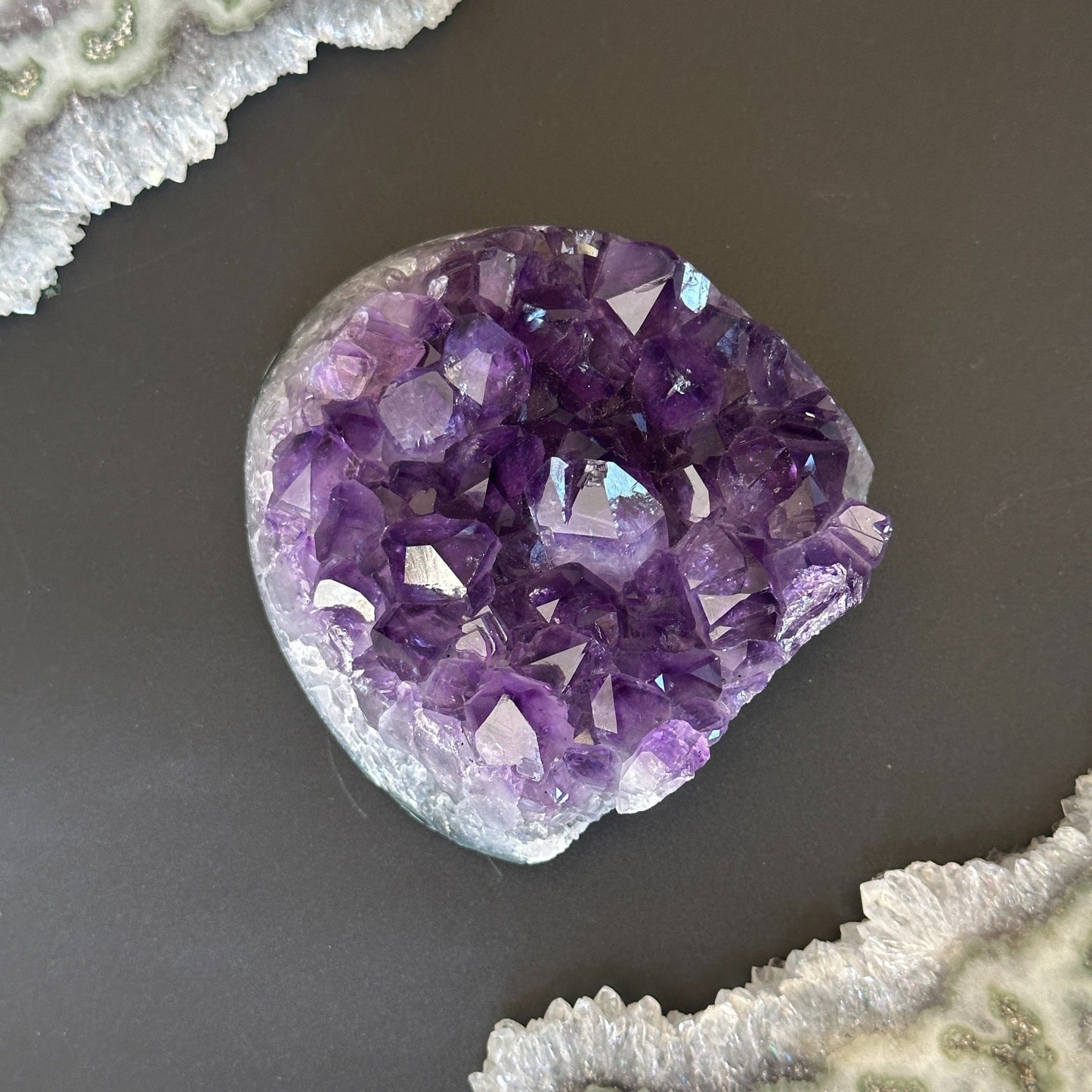 Raw flat Amethyst cluster for home decor, palm stone crystals, affordable gift for crystal lovers