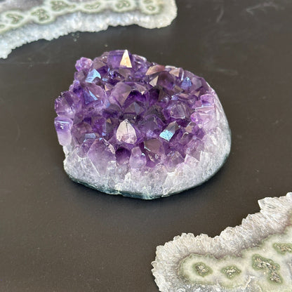 Raw flat Amethyst cluster for home decor, palm stone crystals, affordable gift for crystal lovers