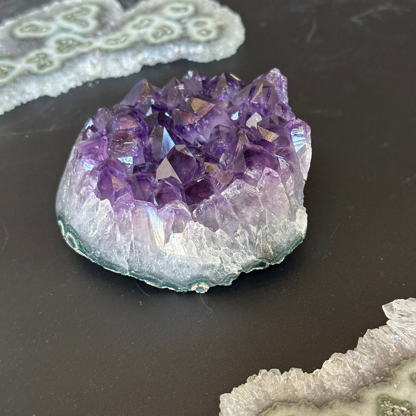 Raw flat Amethyst cluster for home decor, palm stone crystals, affordable gift for crystal lovers
