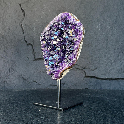 Natural Amethyst Crystal Geode, Purple Amethyst Crystal on Stand, Metallic Stand Included