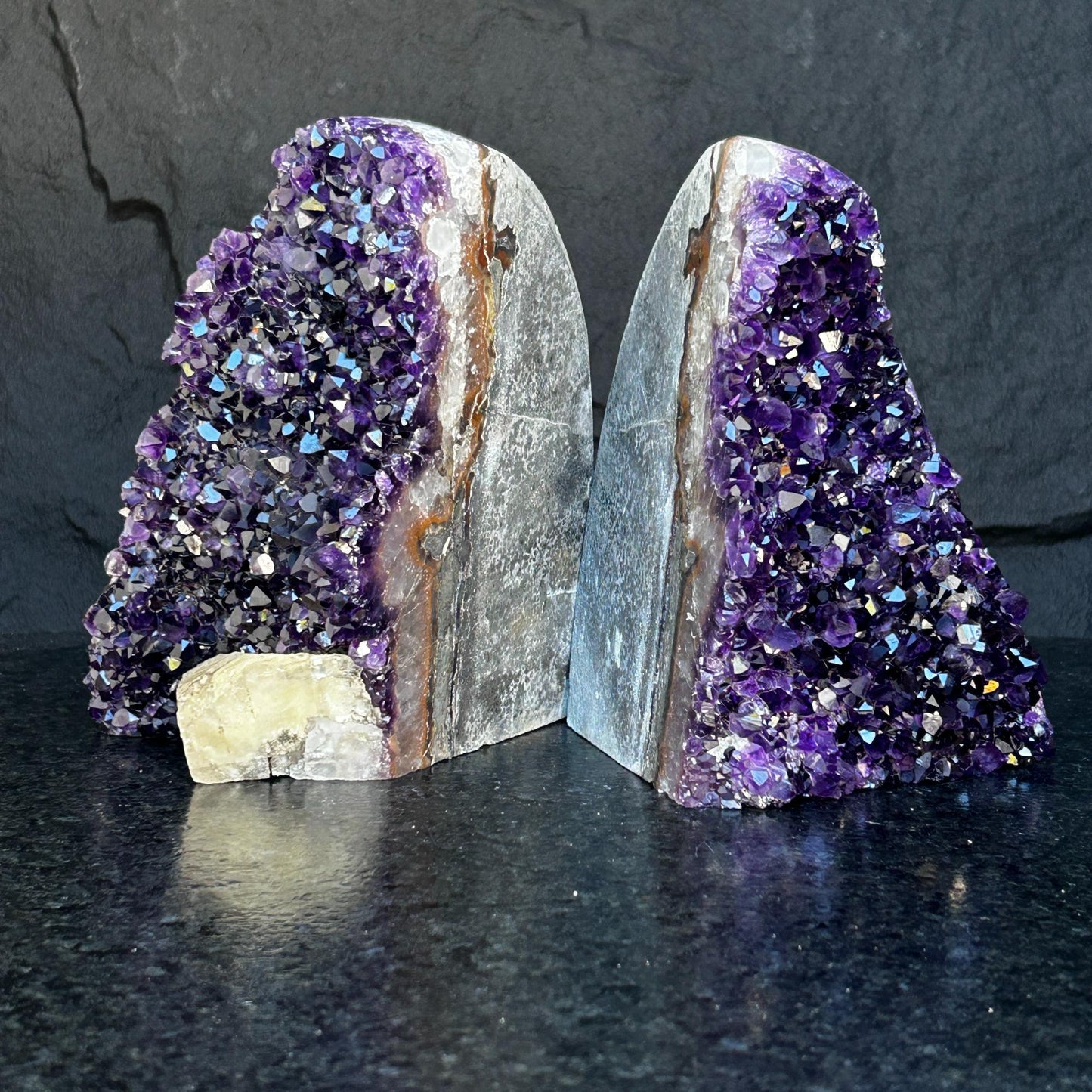 Amethyst bookends, One of a kind set of amethyst and agate geode crystals