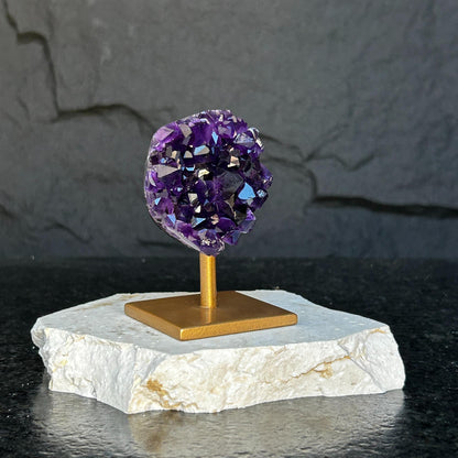 Amethyst on Stand SET, 4 in Crystals with metallic base, Unique home decoration, mineral formations, perfect gift for crystal lovers