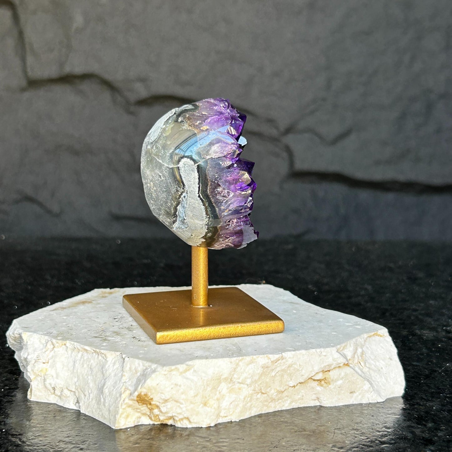 Amethyst on Stand SET, 4 in Crystals with metallic base, Unique home decoration, mineral formations, perfect gift for crystal lovers