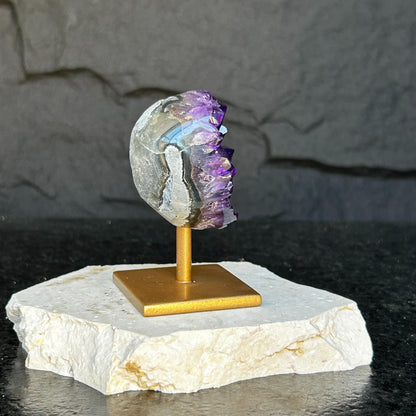 Amethyst on Stand SET, 4 in Crystals with metallic base, Unique home decoration, mineral formations, perfect gift for crystal lovers