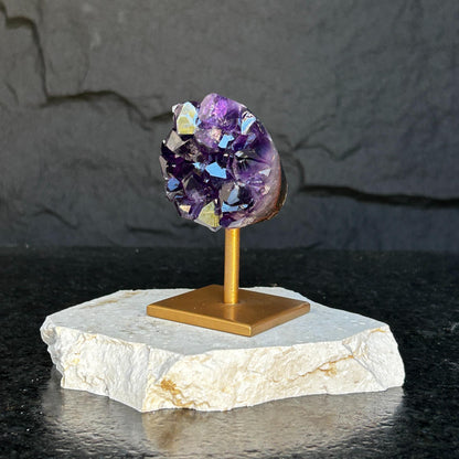 Amethyst on Stand SET, 4 in Crystals with metallic base, Unique home decoration, mineral formations, perfect gift for crystal lovers