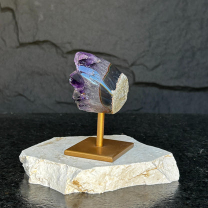 Amethyst on Stand SET, 4 in Crystals with metallic base, Unique home decoration, mineral formations, perfect gift for crystal lovers