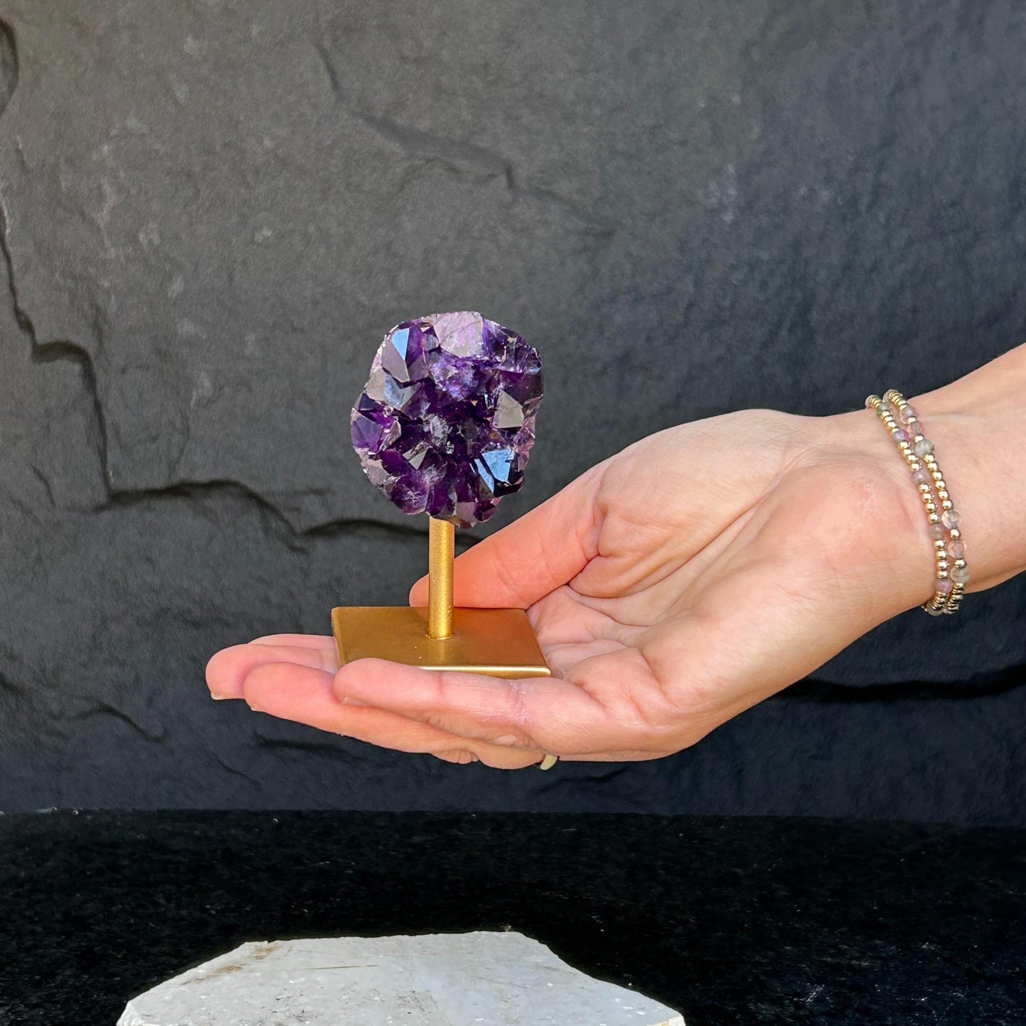 Amethyst on Stand SET, 4 in Crystals with metallic base, Unique home decoration, mineral formations, perfect gift for crystal lovers