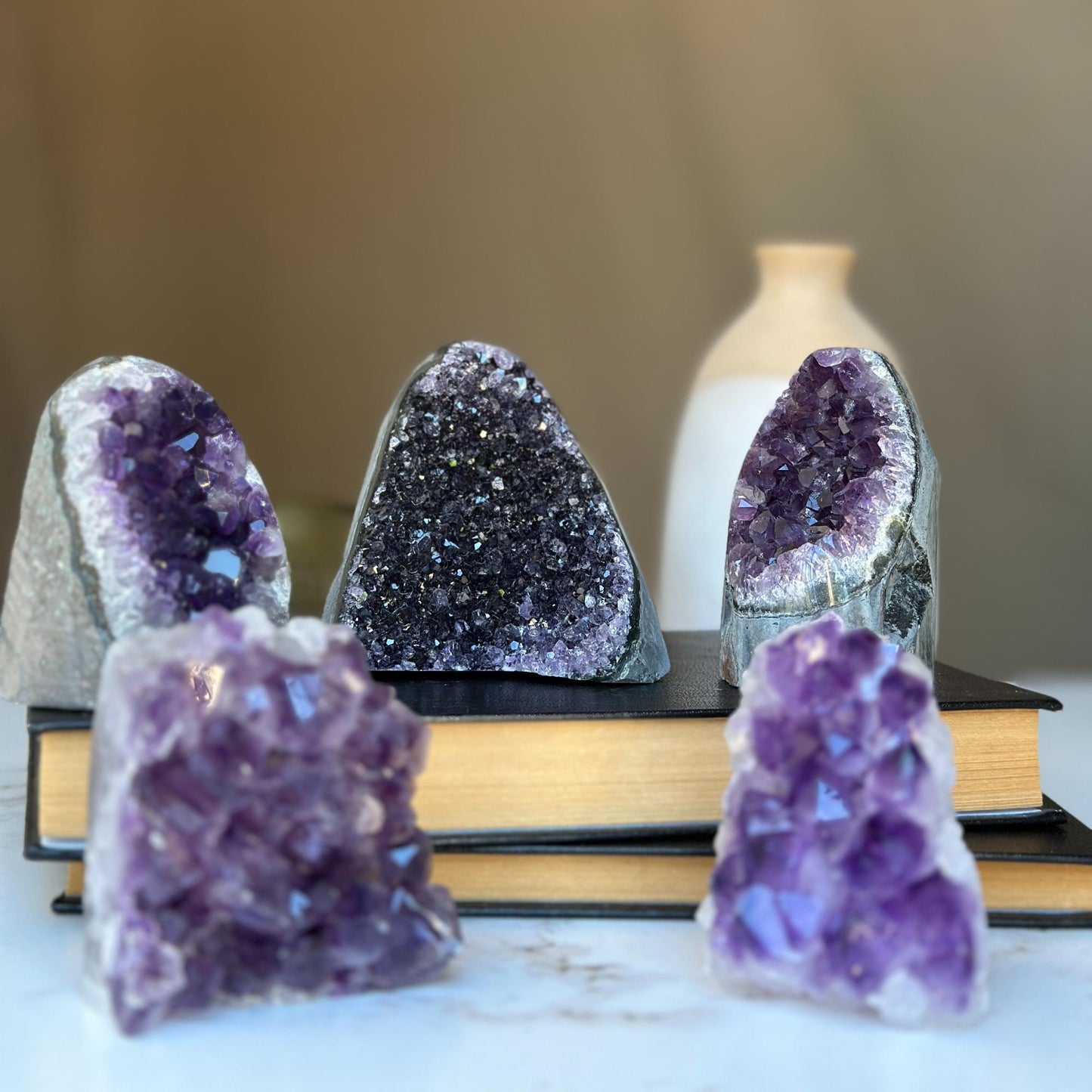 Cute Mini Amethysts SET (5 pieces), small crystal geodes to decor home