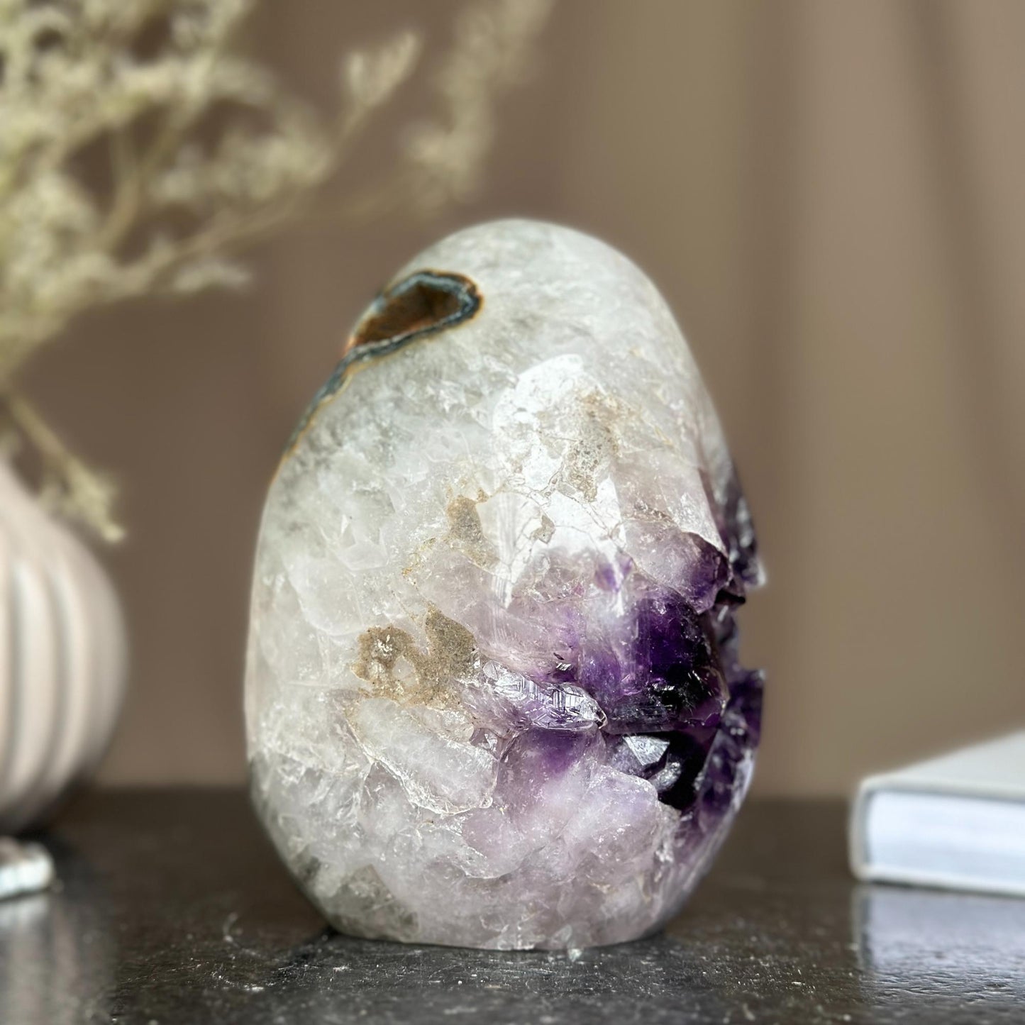 Genuine Amethyst Egg, Quartz Geode Cave, Crystal Cavern, Extra quality piece, Cut base polished specimen
