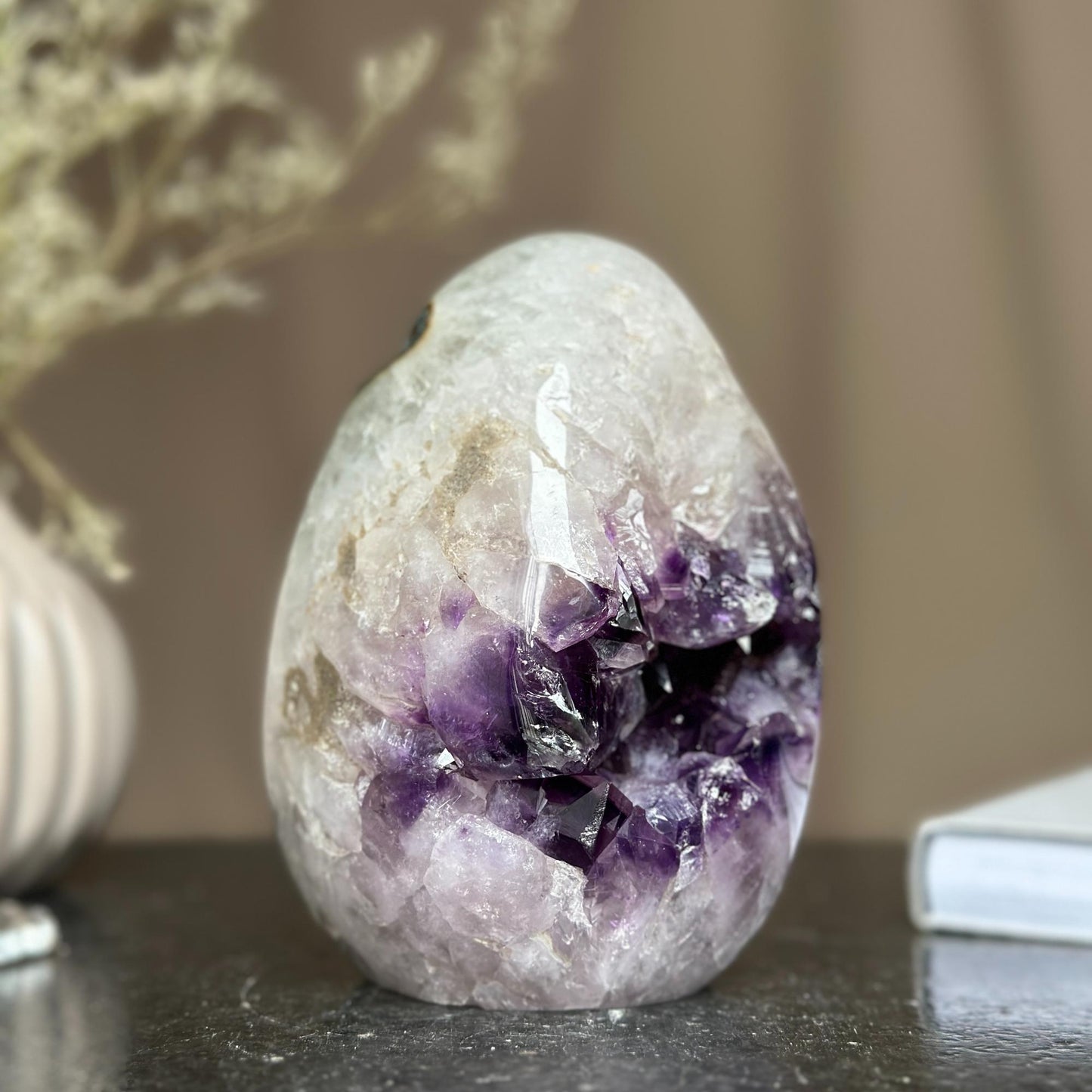 Genuine Amethyst Egg, Quartz Geode Cave, Crystal Cavern, Extra quality piece, Cut base polished specimen