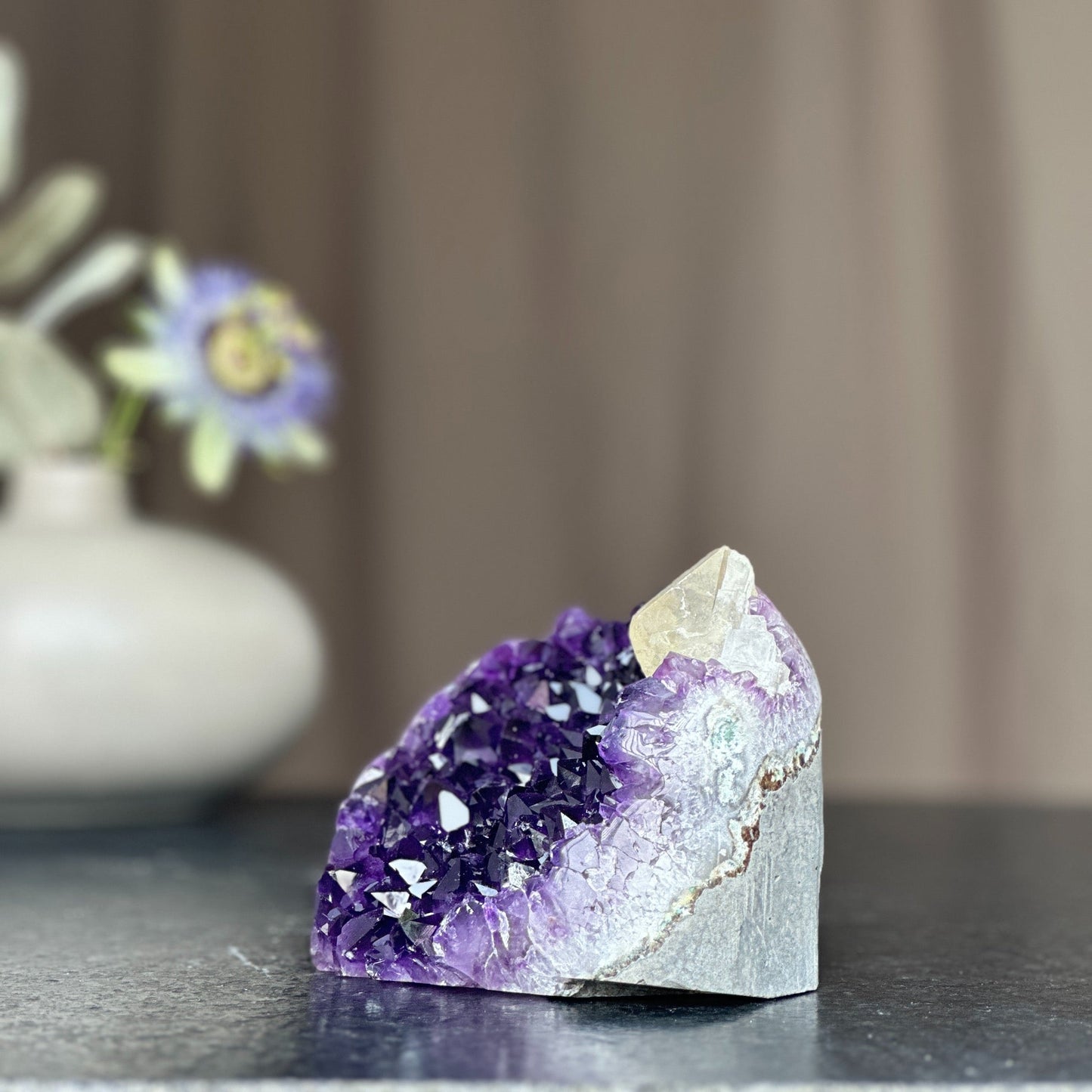 Unique Amethyst Cluster with calcite, February birthstone, Meditation crystals, Amethyst Geode