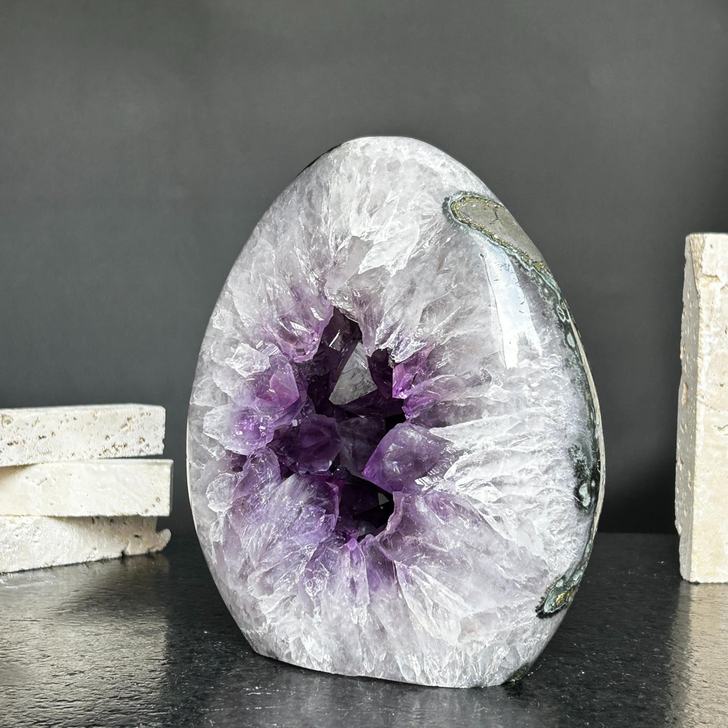 High Quality Amethyst Geode, Statement piece for collectors, Large Cave Egg shaped, polished stone, Stunning decor AAA Crystal