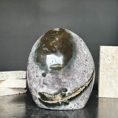 Superb Amethyst Crystal Geode with Agate formations, 7 in tall Extra Large Amethyst Cave, Oval Shaped Stone Polished at edges