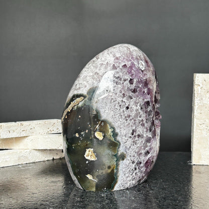 Superb Amethyst Crystal Geode with Agate formations, 7 in tall Extra Large Amethyst Cave, Oval Shaped Stone Polished at edges