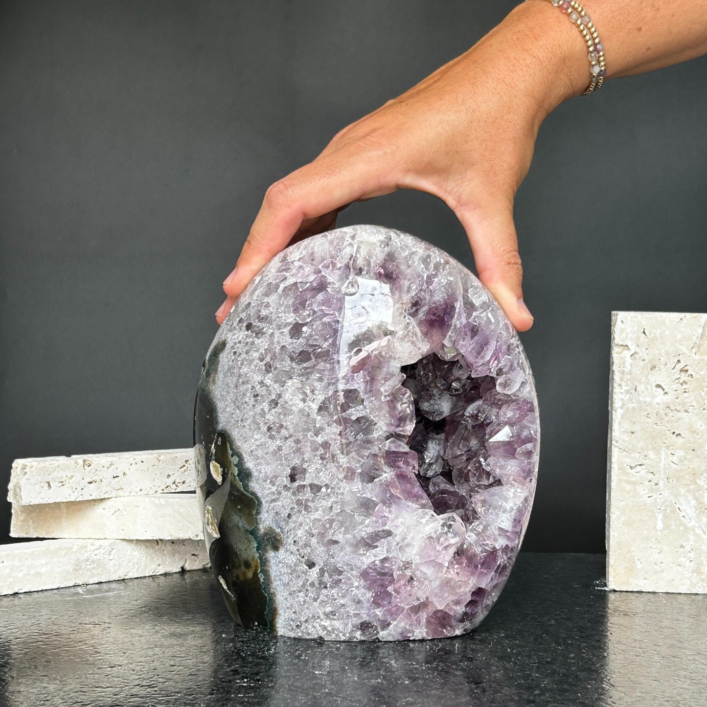 Superb Amethyst Crystal Geode with Agate formations, 7 in tall Extra Large Amethyst Cave, Oval Shaped Stone Polished at edges