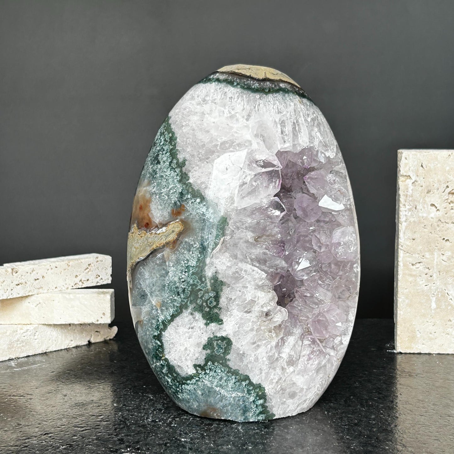 Amazing Agate and Amethyst Quartz Crystal Egg Cave, 8 in tall Extra Large Crystal Cave, Oval Shaped Stone Polished at edges