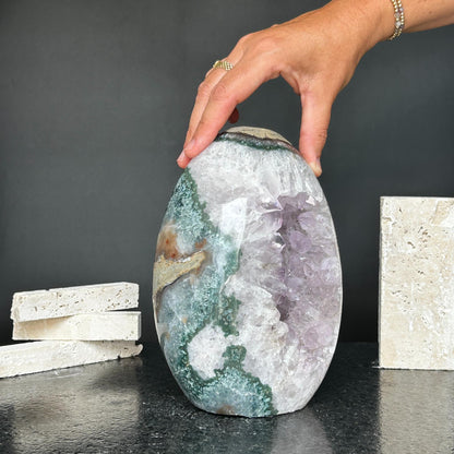 Amazing Agate and Amethyst Quartz Crystal Egg Cave, 8 in tall Extra Large Crystal Cave, Oval Shaped Stone Polished at edges