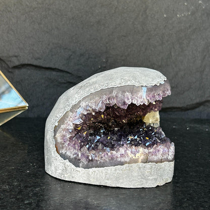 Flat Natural amethyst centerpiece, Unique geode for tabletop decor, rare find with agate formations