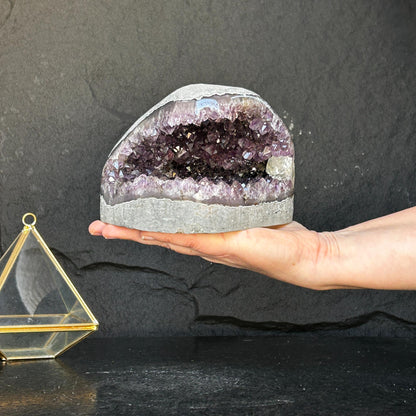 Flat Natural amethyst centerpiece, Unique geode for tabletop decor, rare find with agate formations