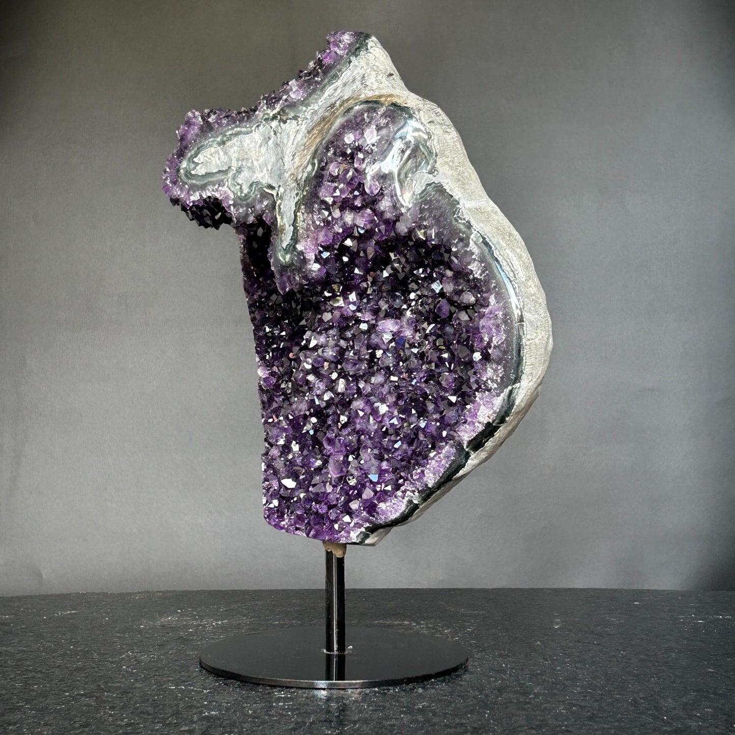 Deep Purple Amethyst Crystal Decor piece with metallic base included (13 in tall) Rare crystal for home decoration