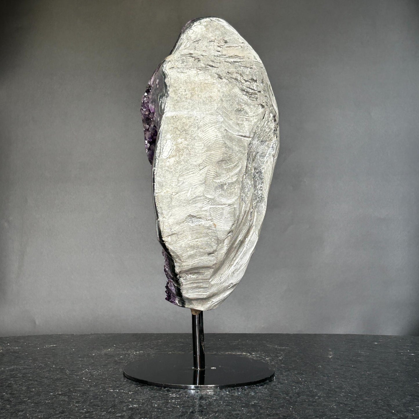 Deep Purple Amethyst Crystal Decor piece with metallic base included (13 in tall) Rare crystal for home decoration