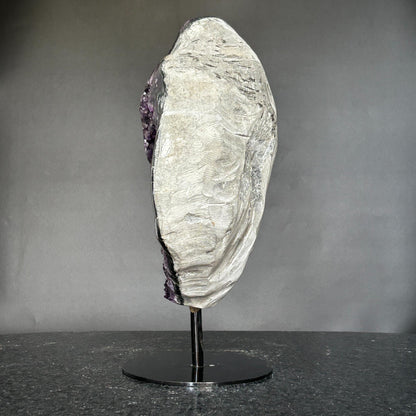 Deep Purple Amethyst Crystal Decor piece with metallic base included (13 in tall) Rare crystal for home decoration