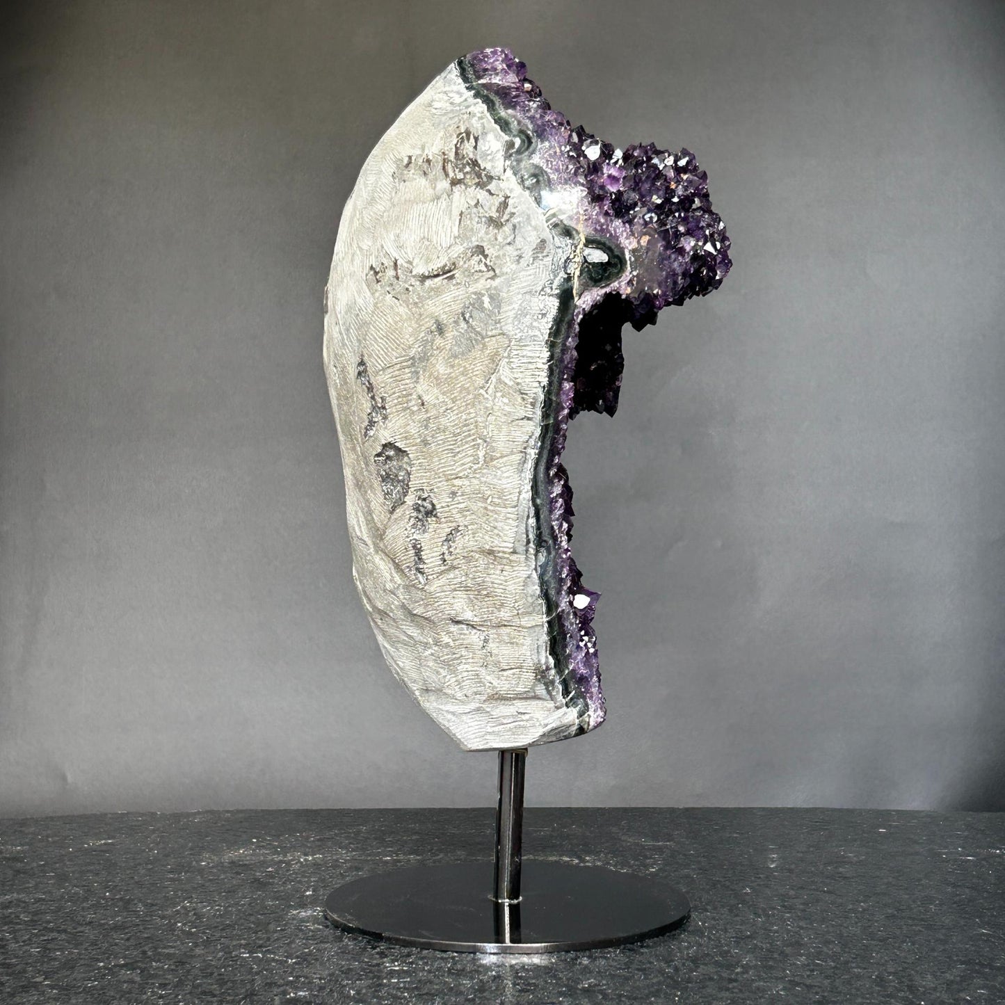 Deep Purple Amethyst Crystal Decor piece with metallic base included (13 in tall) Rare crystal for home decoration