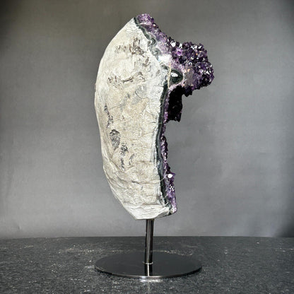 Deep Purple Amethyst Crystal Decor piece with metallic base included (13 in tall) Rare crystal for home decoration