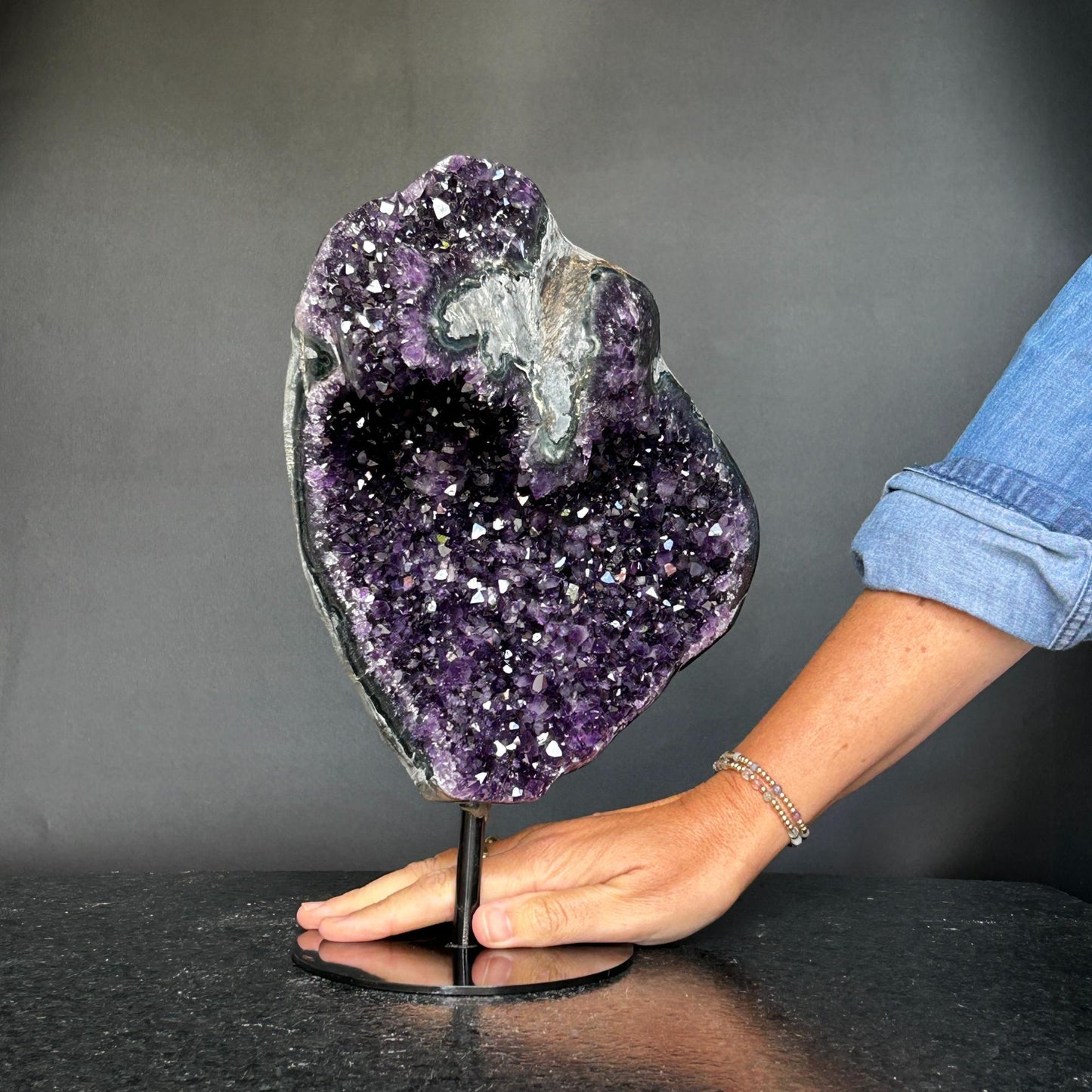 Deep Purple Amethyst Crystal Decor piece with metallic base included (13 in tall) Rare crystal for home decoration