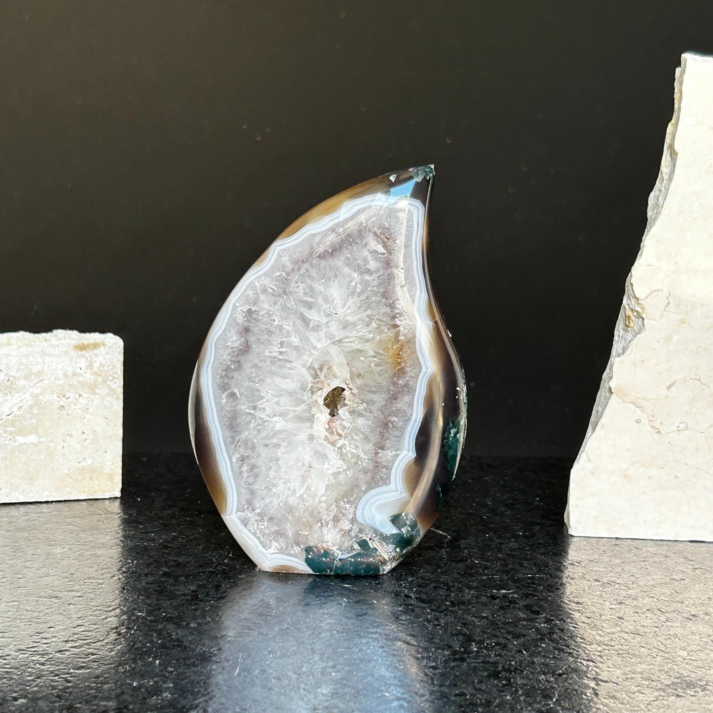 Quartz Crystal Flame, polished amethyst geode