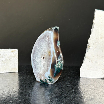 Quartz Crystal Flame, polished amethyst geode