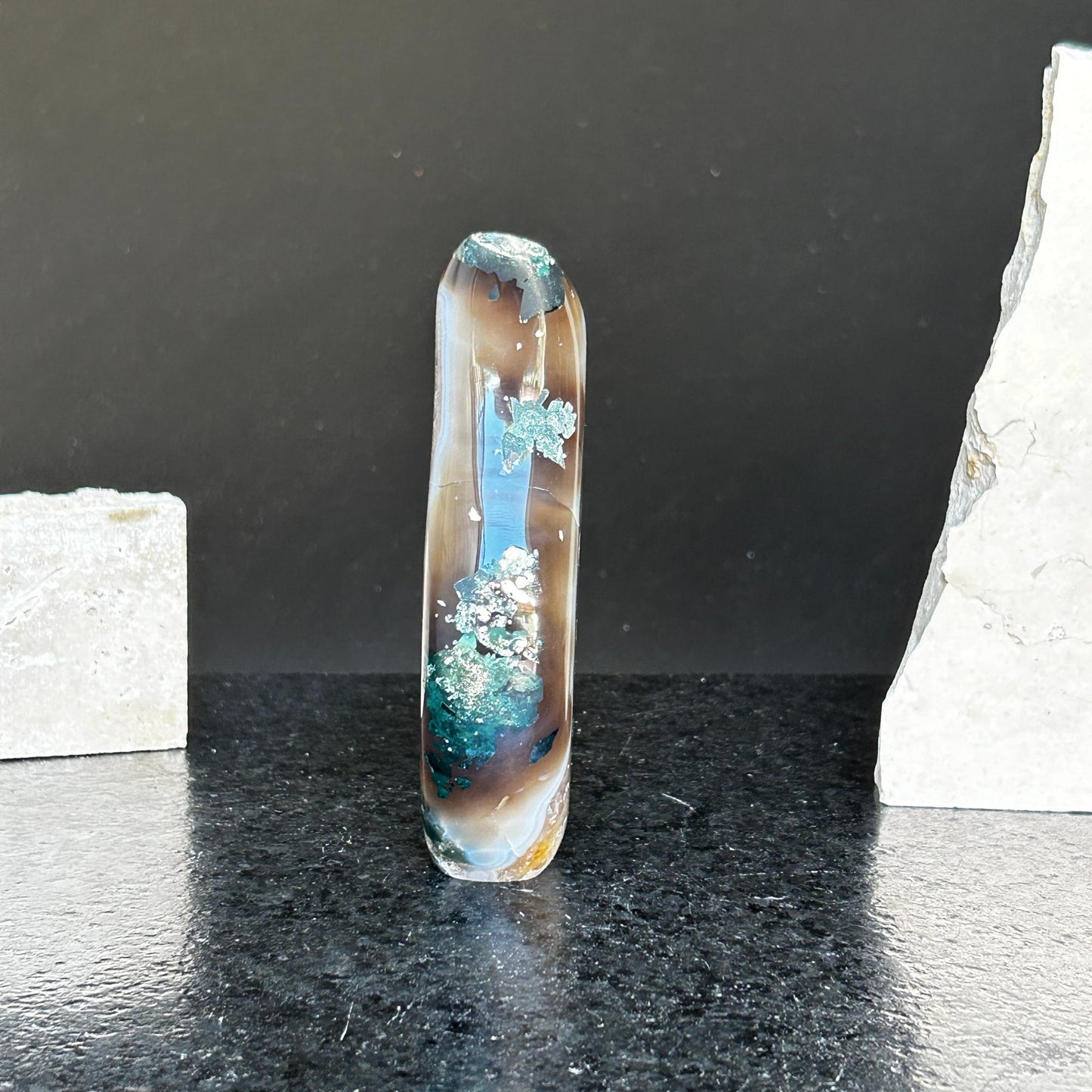 Quartz Crystal Flame, polished amethyst geode