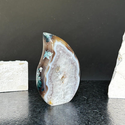 Quartz Crystal Flame, polished amethyst geode