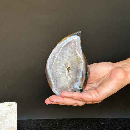 Quartz Crystal Flame, polished amethyst geode