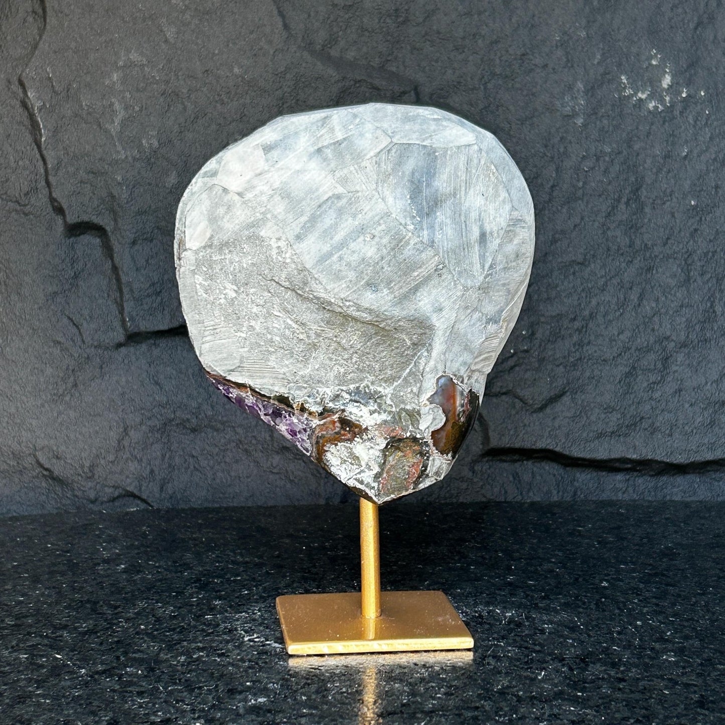 Large Amethyst Geode Crystal, Deep Purple Amethyst on modern gold stand