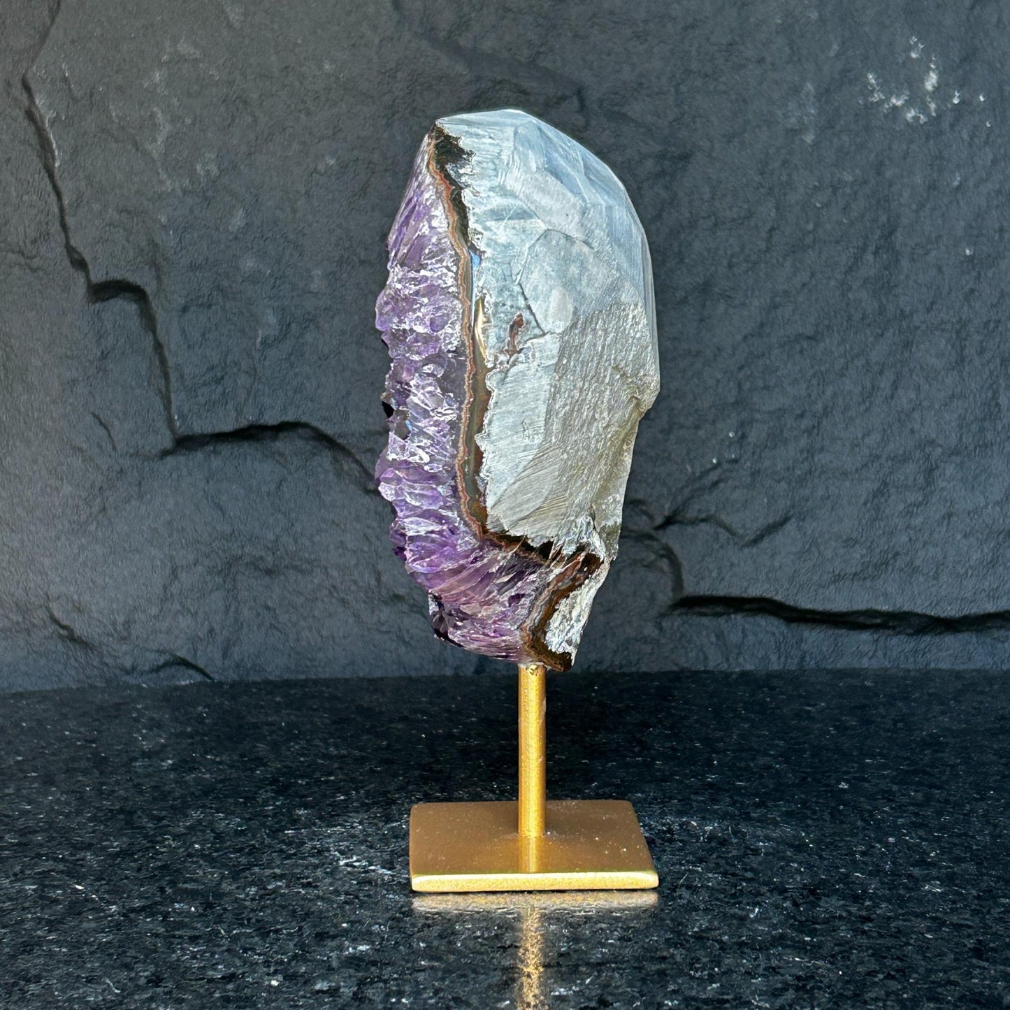 Large Amethyst Geode Crystal, Deep Purple Amethyst on modern gold stand