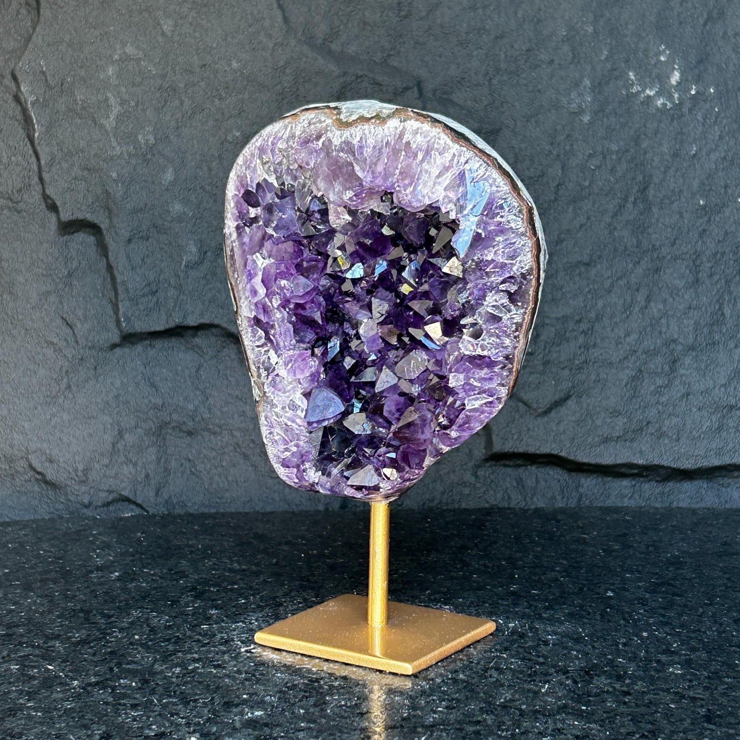 Large Amethyst Geode Crystal, Deep Purple Amethyst on modern gold stand