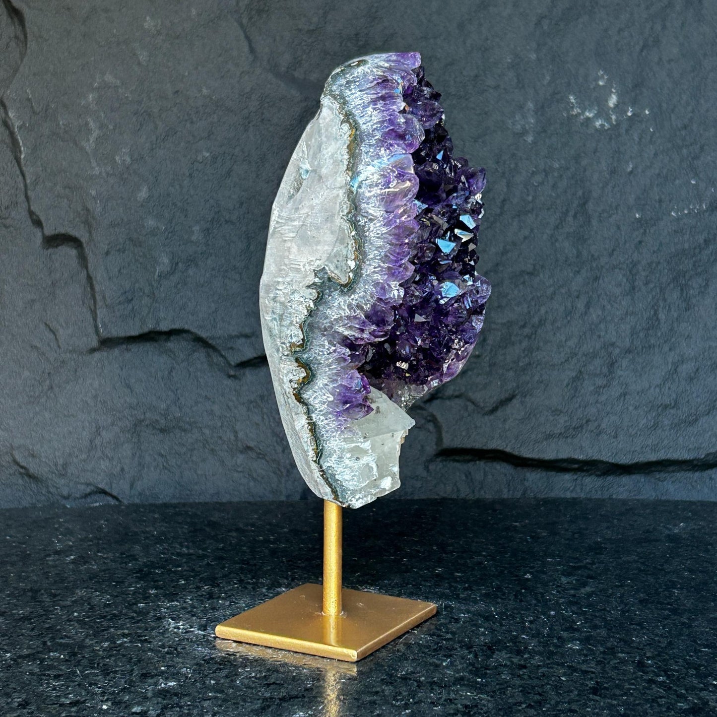 Amethyst Geode Cave with metallic base, Large Cave shaped, 9 inches tall piece for collectors, Full polished, Stunning decor Crystal