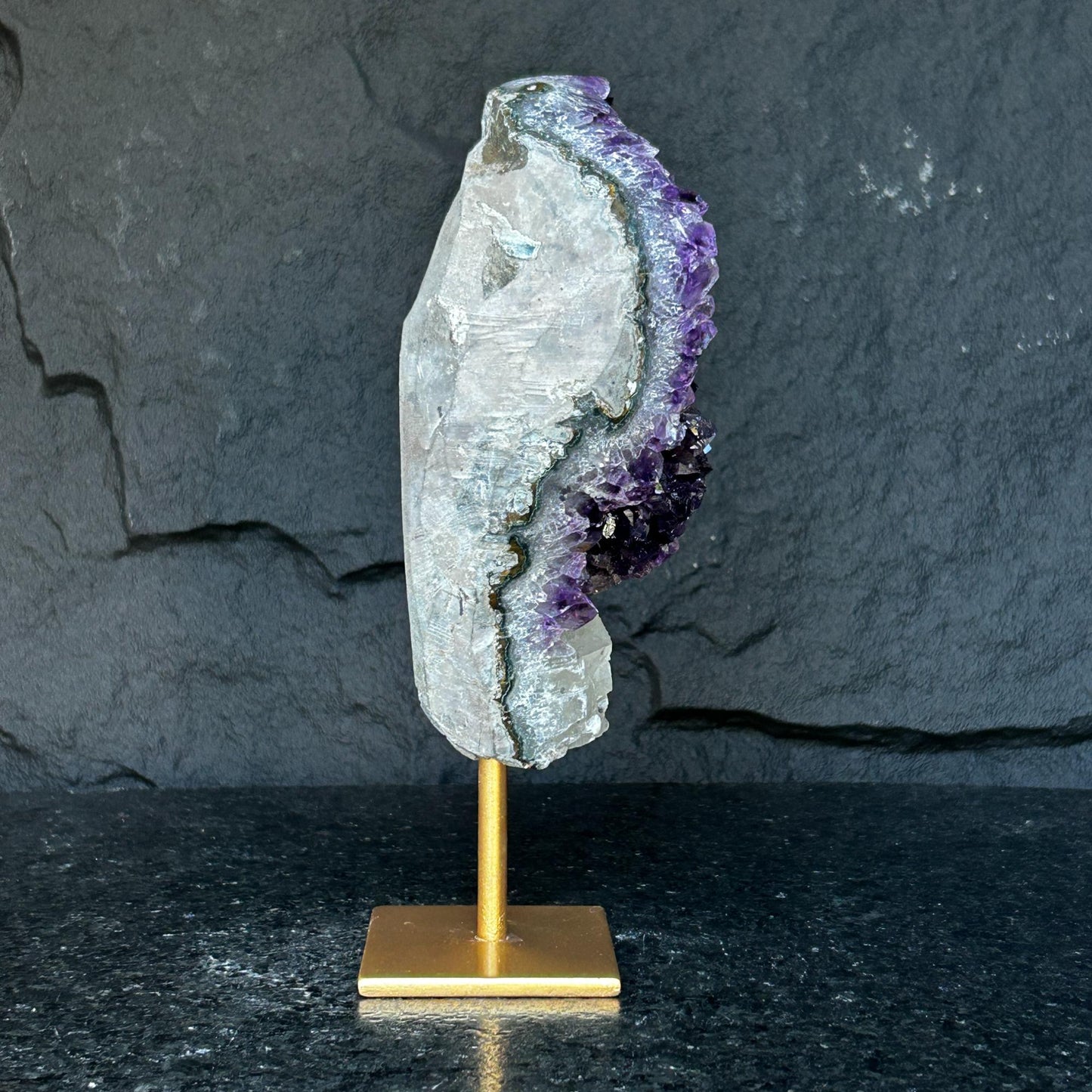 Amethyst Geode Cave with metallic base, Large Cave shaped, 9 inches tall piece for collectors, Full polished, Stunning decor Crystal