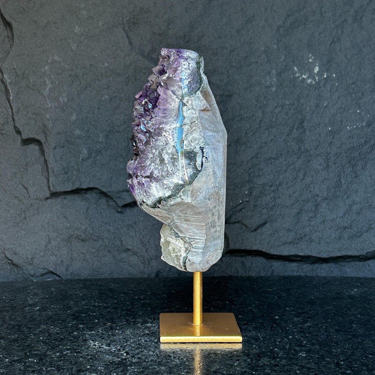 Amethyst Geode Cave with metallic base, Large Cave shaped, 9 inches tall piece for collectors, Full polished, Stunning decor Crystal