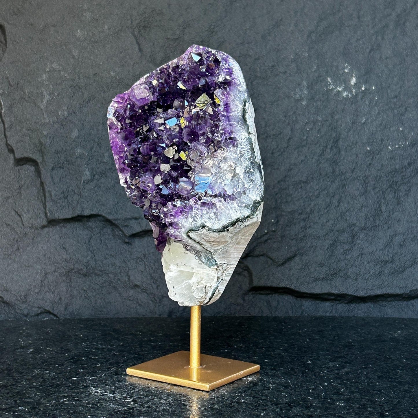 Amethyst Geode Cave with metallic base, Large Cave shaped, 9 inches tall piece for collectors, Full polished, Stunning decor Crystal