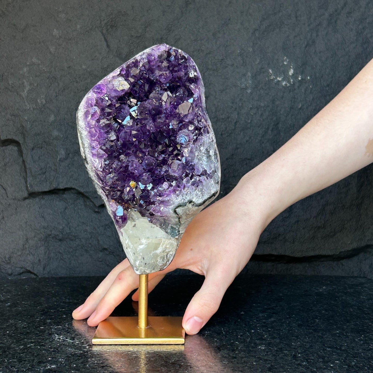 Amethyst Geode Cave with metallic base, Large Cave shaped, 9 inches tall piece for collectors, Full polished, Stunning decor Crystal