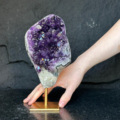 Amethyst Geode Cave with metallic base, Large Cave shaped, 9 inches tall piece for collectors, Full polished, Stunning decor Crystal