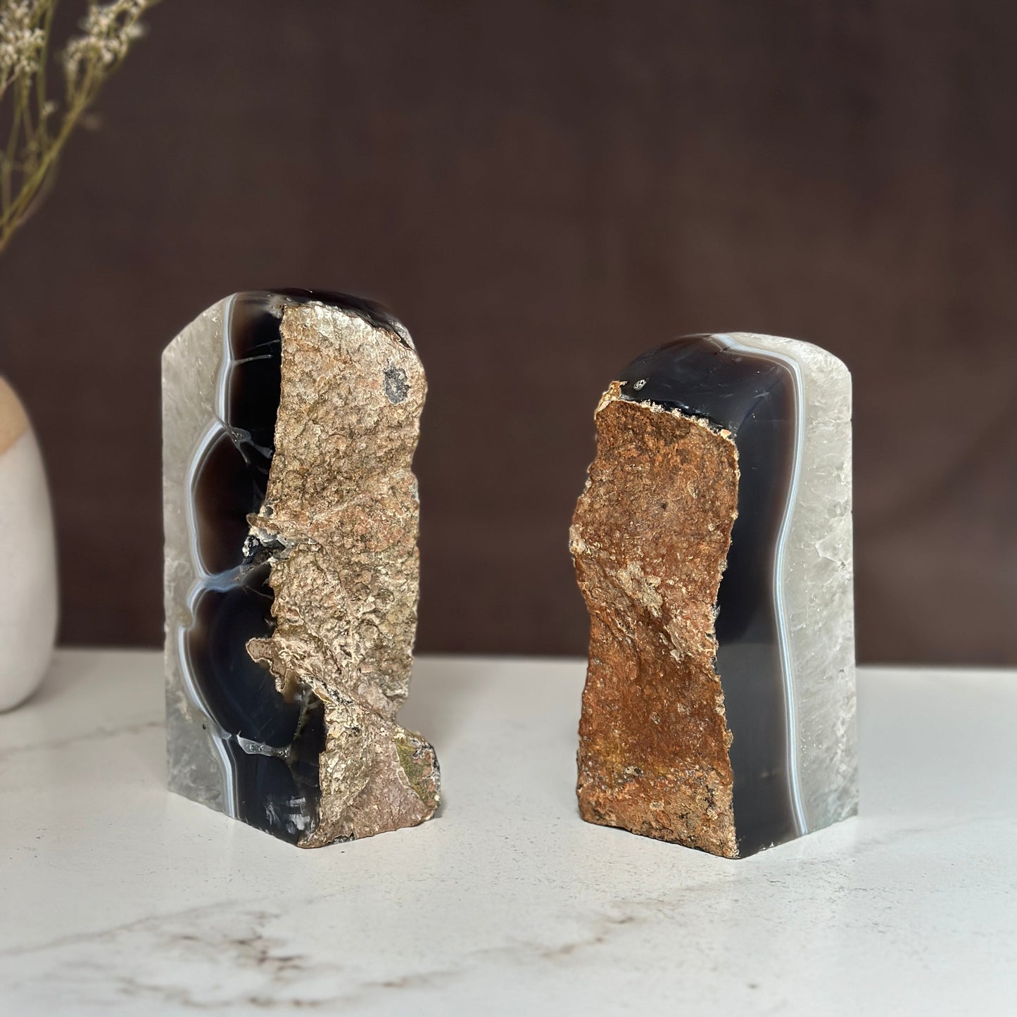 Amethyst and Agate Bookend Pair (7 Lb.) natural geode crystals, extra Large amethysts from Uruguay