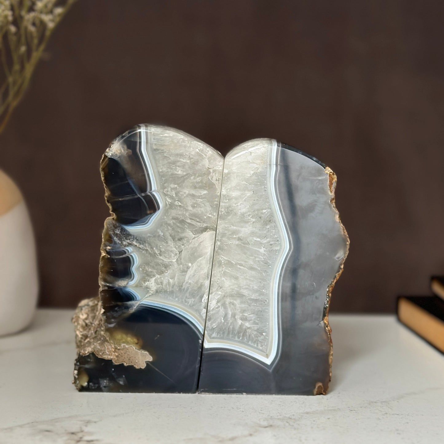 Amethyst and Agate Bookend Pair (7 Lb.) natural geode crystals, extra Large amethysts from Uruguay