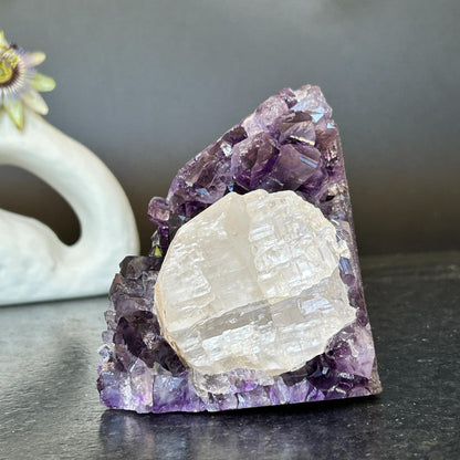 Strange Free Form Amethyst Stone with calcite, Unique find for collectors